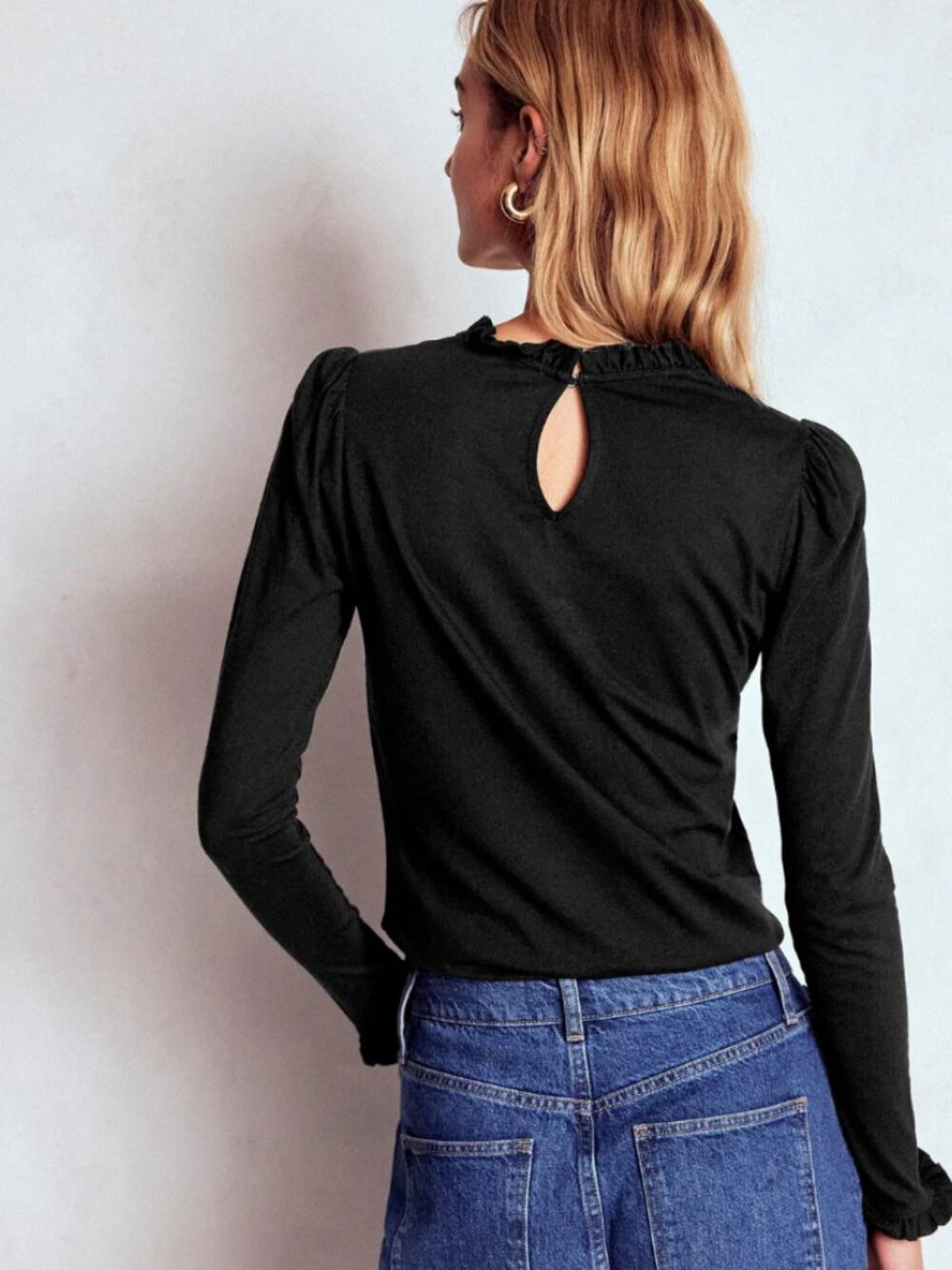 Boden Supersoft Frill Detail Top Long Sleeve Slim Fit Cotton Modal - Picture 3 of 13